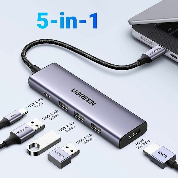 Конвертер UGREEN CM511 (15596) USB-C To HDMI+3*USB 30 A+PD Power Converter - Silver