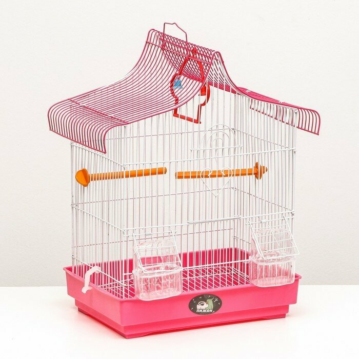 Пижон Клетка для птиц фигурная с кормушками, 32 х 22 х 45 см, розовая - фотография № 1