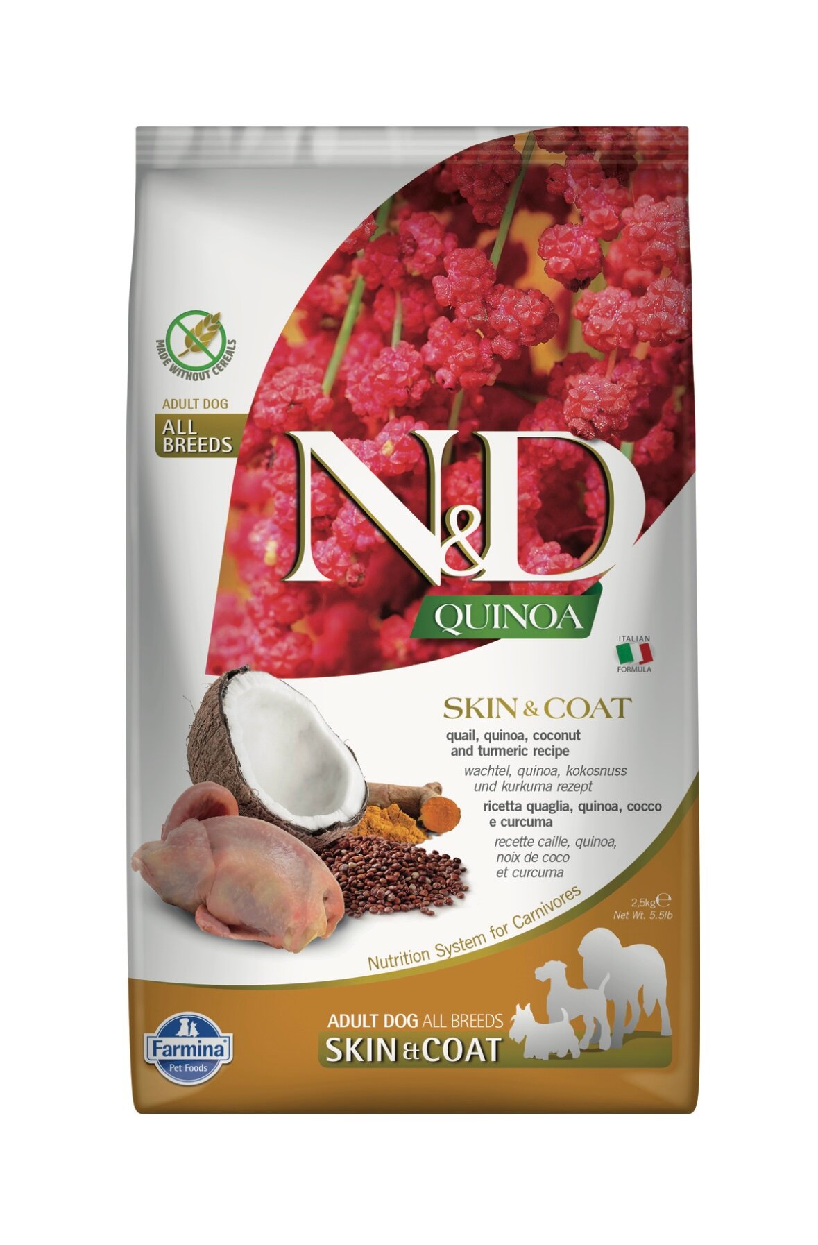 Сухой корм Farmina ND Dog GF Quinoa Skin-Coat Quail для взрослых собак с перепелкой, уход за кожей и шерстью, 2,5кг