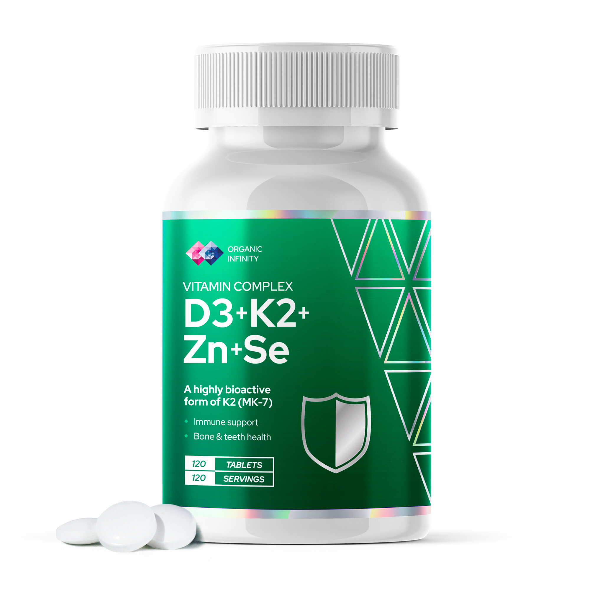 Цинк + Селен, Витамин Д3 К2, усиленная дозировка, для иммунитета, костей и волос, 120 таблеток / Organic Infinity