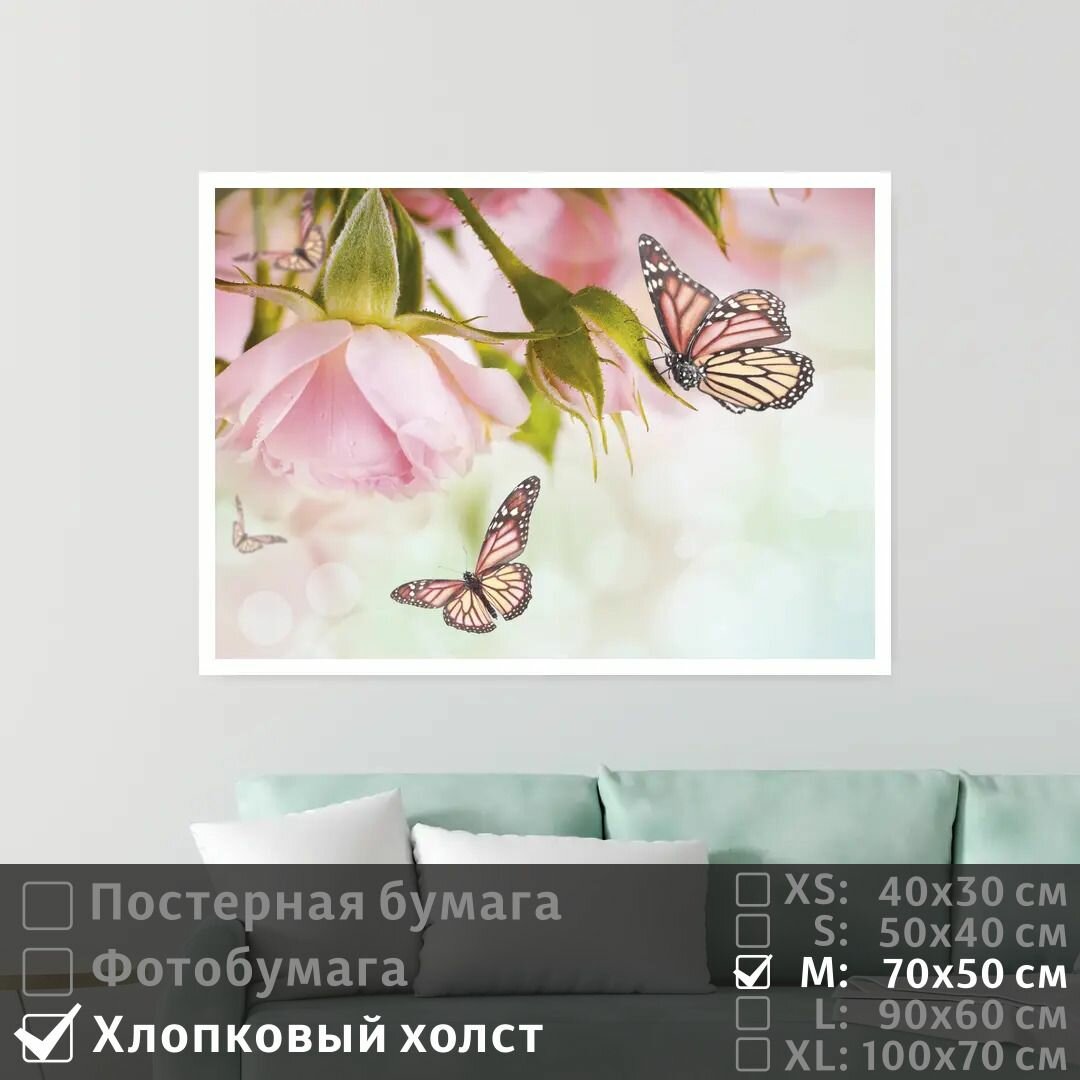 Постер на холсте Бабочки На Розовых Розах В Пастельных Тонах 70х50 см ПолиЦентр