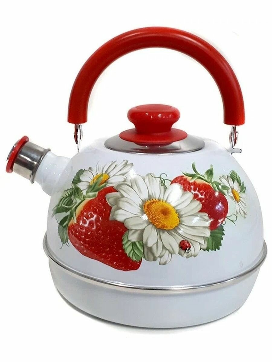 фото Чайник 3,5л (крас. мет. подвиж. ручка) -белый/клубника с ромашкой (декор-нерж. сталь) TMM04/35/03/05/H13