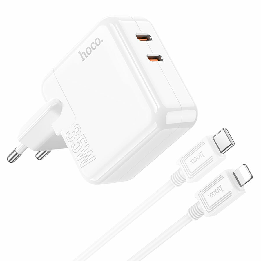 Сетевое зарядное устройство HOCO C110A Lucky 2xUSB-C с Кабелем Type-C - Lightning, 3.0A, 35W, белый