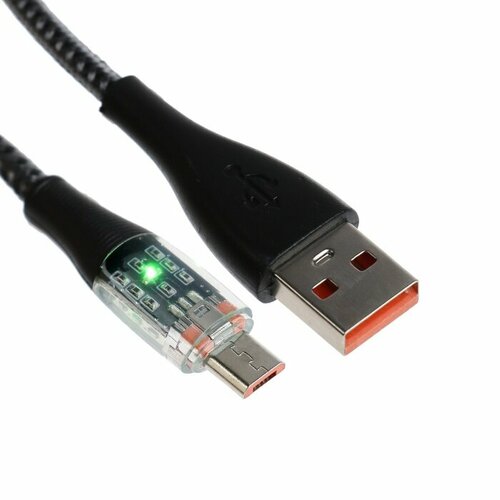 кабель maxvi mcv 08m 2 1a 1 0m microusb темно серый Кабель, 2 А, MicroUSB - USB, прозрачный, оплётка нейлон, 1 м, серый