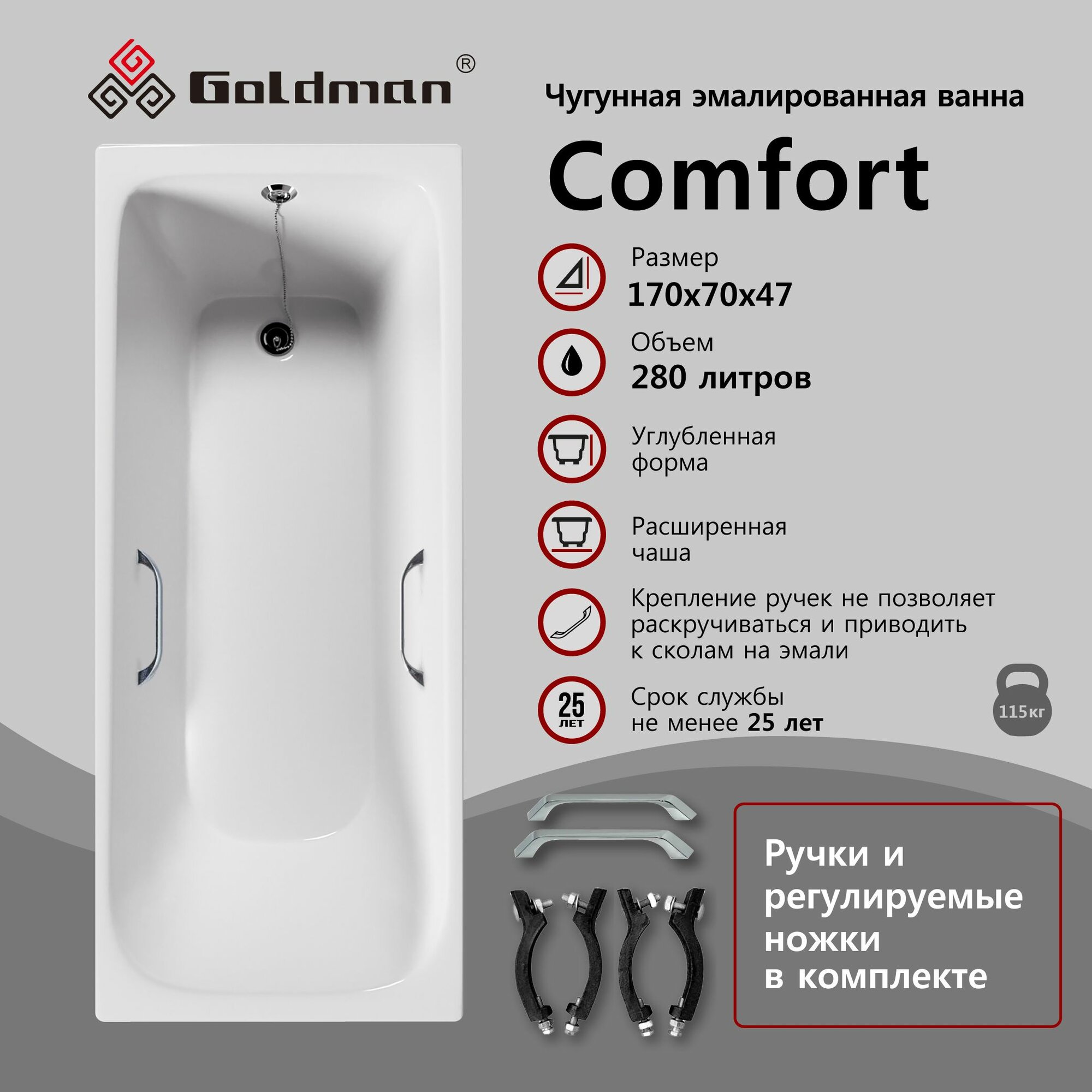 Чугунная ванна Goldman Comfort 170x70x47 с квадратными хромированными ручками