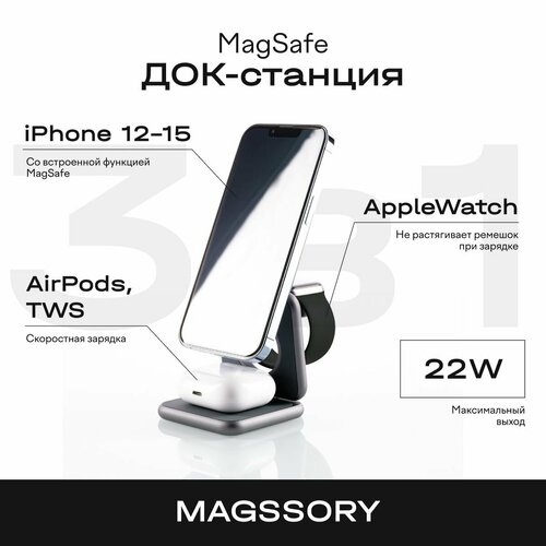 Складное беспроводное зарядное устройство Magssory 3 в 1 для iPhone, AirPods и Apple Watch, с магнитами, совместимое с MagSafe, полночь