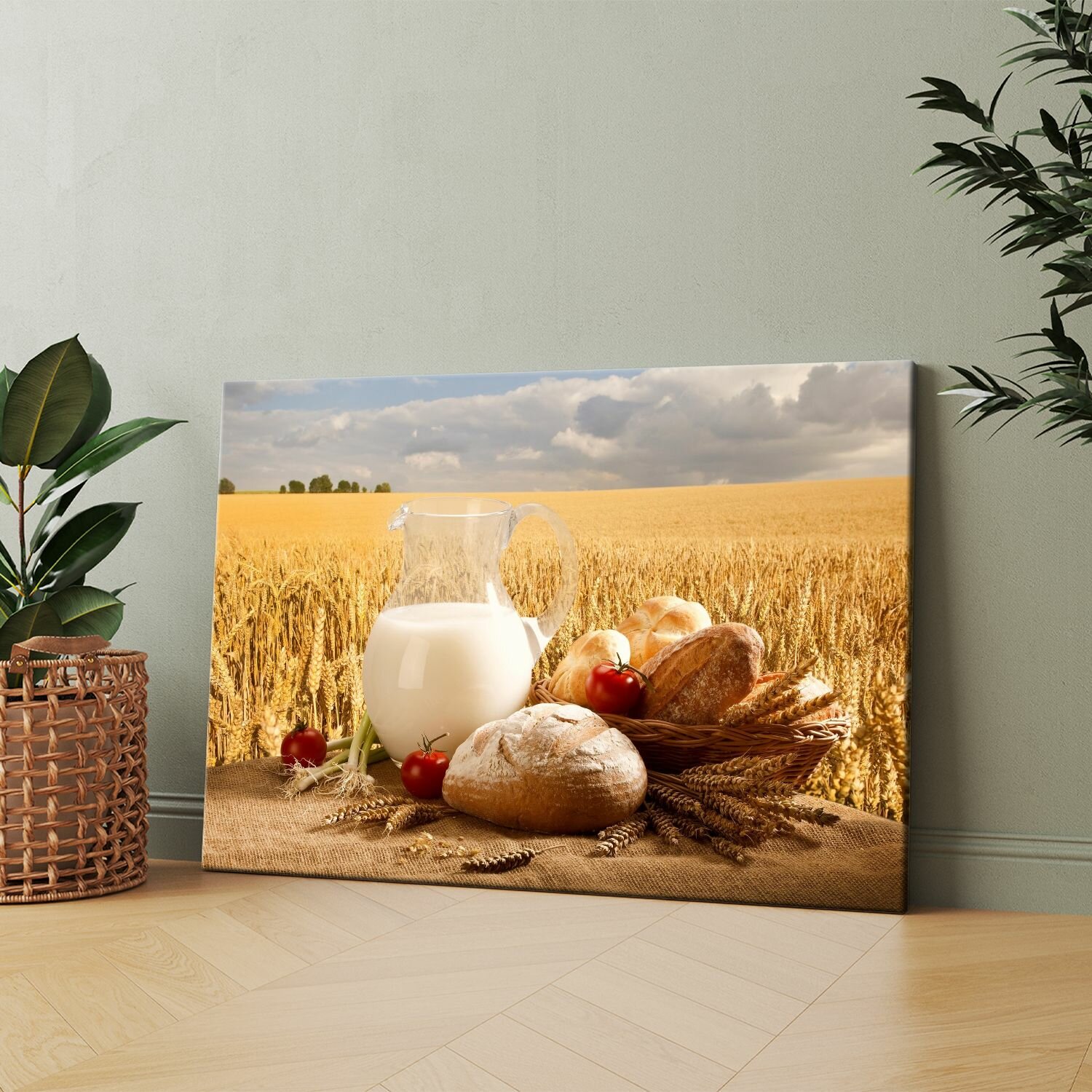 Картина на холсте (Кувшин с молоком, хлебом и помидорами на столе) 50x70 см. Интерьерная, на стену.