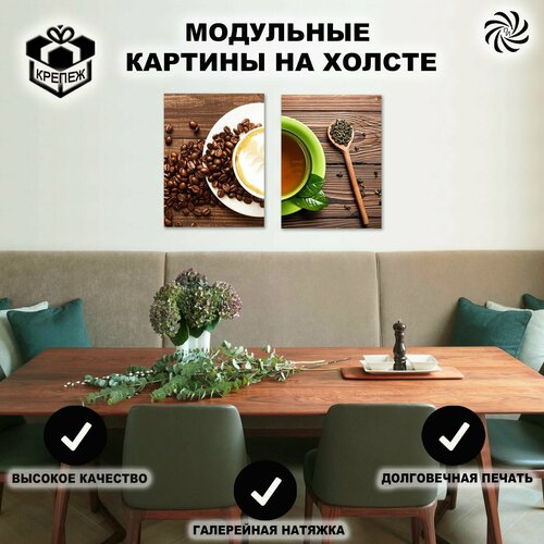 Картина модульная интерьерная на стену на холсте Чашка с чаем и кофе, Пространство интерьера, 2шт. 30х40