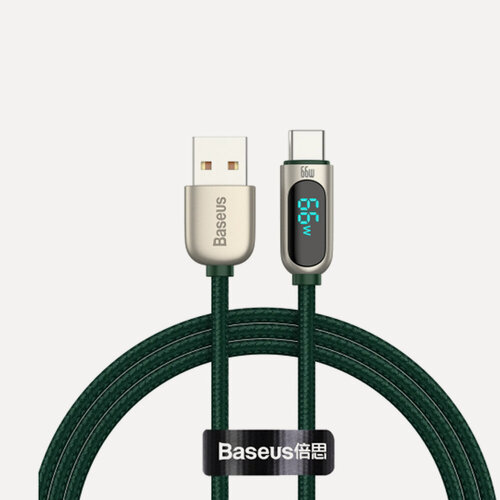 Изображение товара Кабель для быстрой зарядки и передачи данных BASEUS Display Fast Charging, USB to Type-C, 66W, 6A, 1 м, Зеленый
