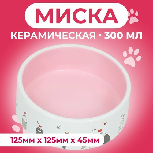 Миска керамическая "Любовь и коты"300 мл 12,5 x 4,5 cм, розово-белая