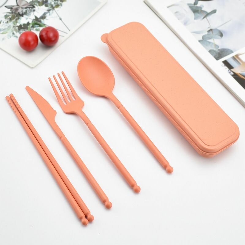 фото Дорожный набор столовых приборов "Матовый 5 в 1": вилка, нож, ложка, китайские палочки, футляр, цвет оранжевый