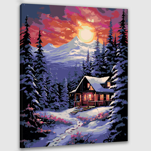 Картина по номерам 50х40 Домик в зимнем лесу