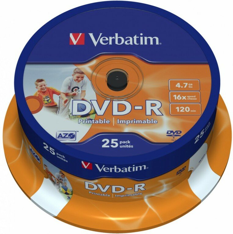 Диск DVD-R Verbatim 4.7Gb 16x Cake Box (25шт) Printable (43538)