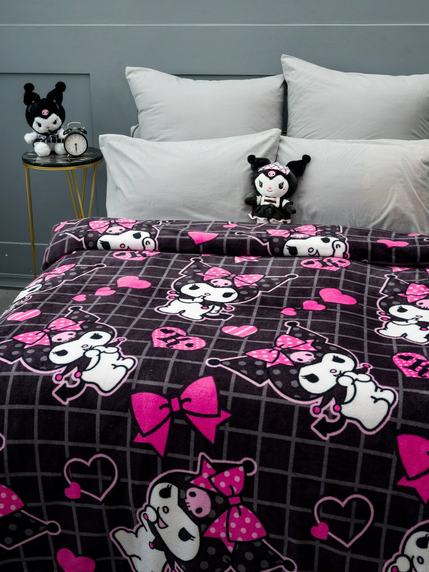 Плед 200х220 Павлинка Куроми бантики для девочек розовый черный — фото 1