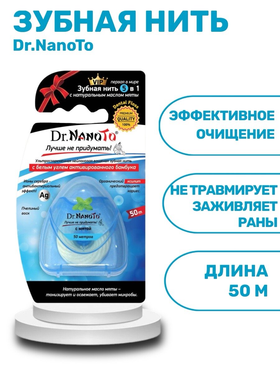 Картинки Зубная нить Dr.Nanoto, 5 в 1, вощеная, отбеливающая, с мятой