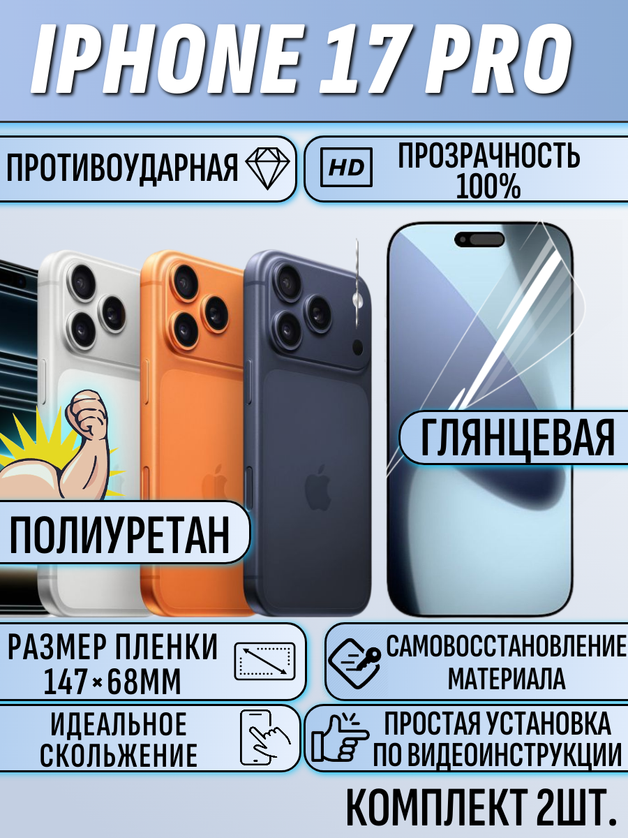 Гидрогелевая пленка iPhone 17 Pro глянцевое полиуретановое покрытие 2 шт