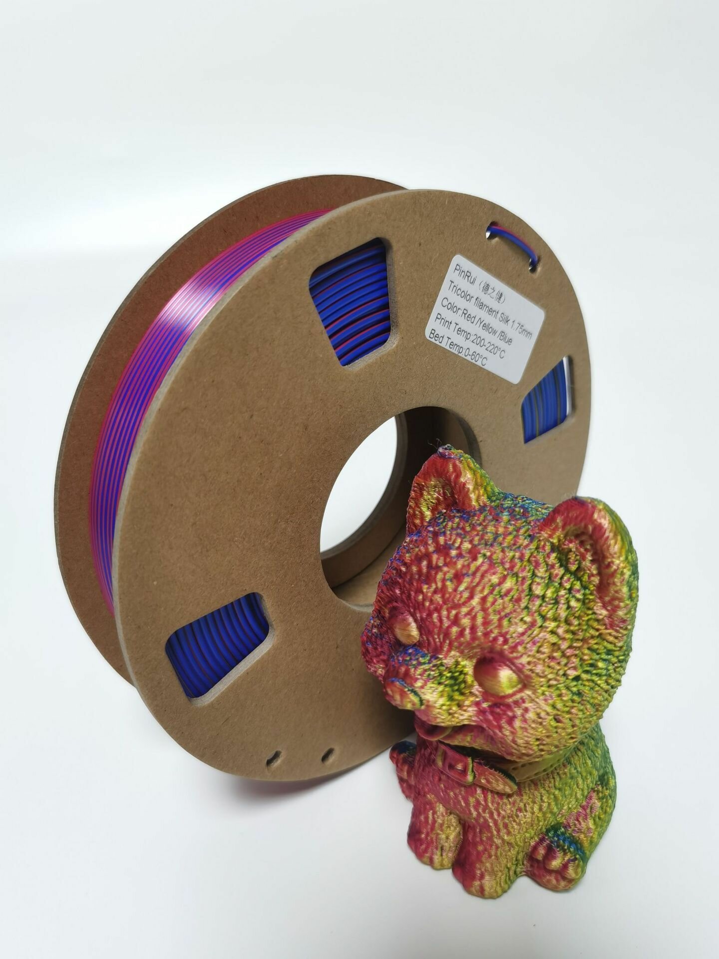 PLA Трехцветный (Silk Шелковый) пластик PinRui Красный-желтый-синий 1.75 мм 1 кг