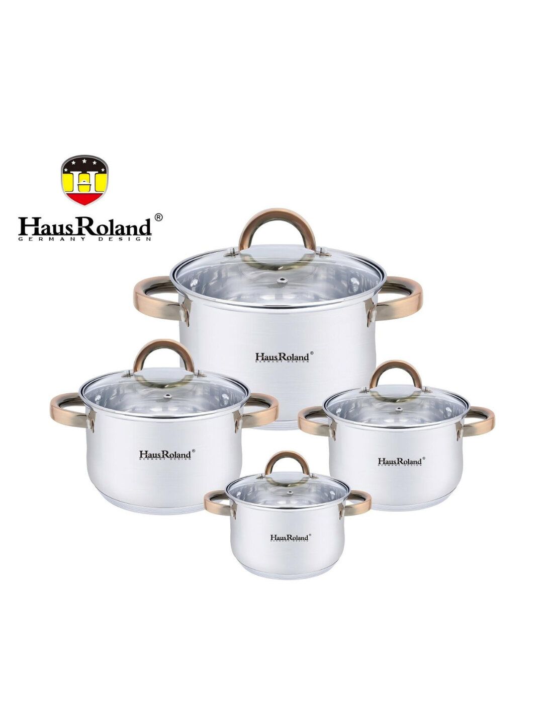 Набор кастрюль HausRoland — 4 шт, стеклянные крышки, золотистые ручки HR133-1 - Бронзовый