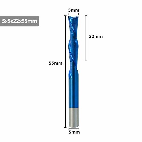 Фреза спиральная двухзаходная XCAN 5х22х55 мм стружка вниз с нано-синим покрытием фреза компрессионная двухзаходная xcan по дереву 6х17х50мм стружка вниз
