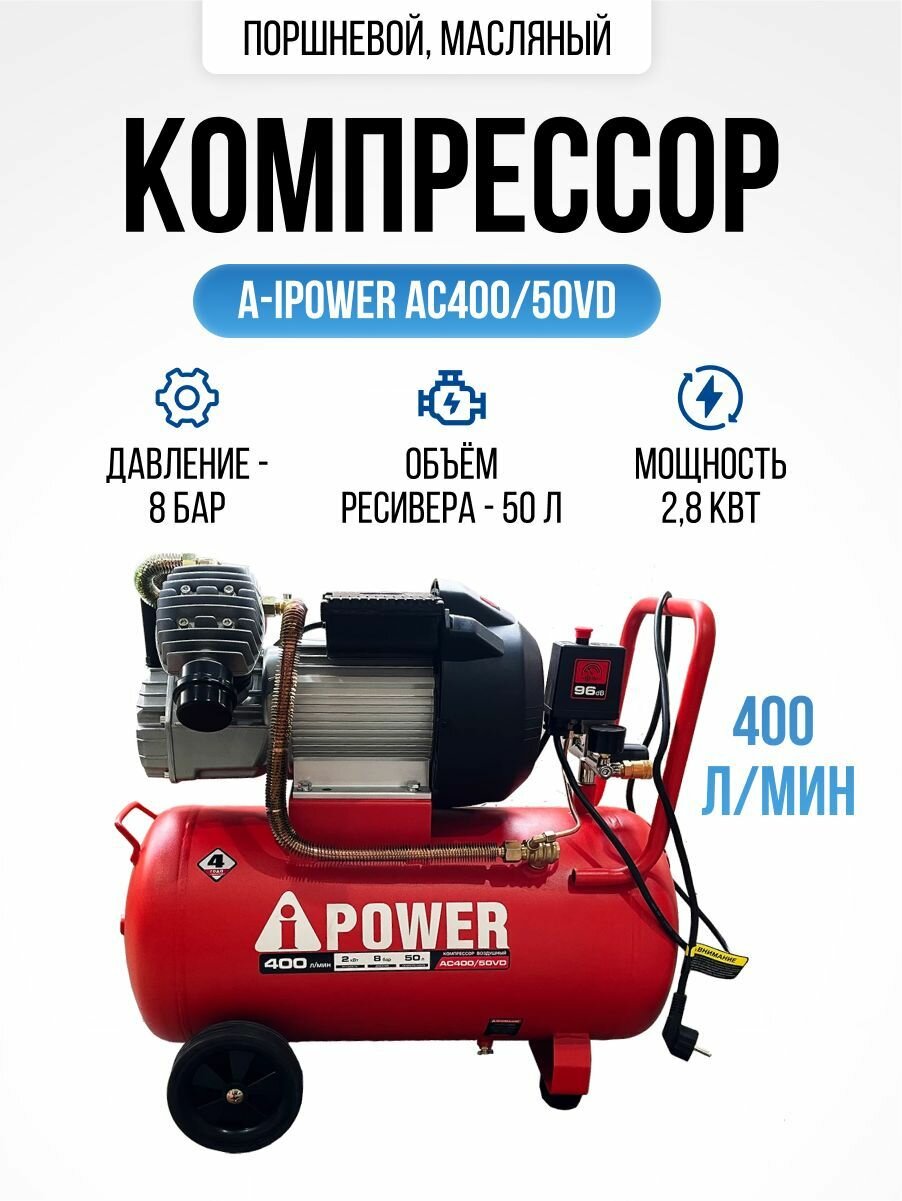 Компрессор поршневой масляный A-iPower AC400/50VD (8 Бар 400 л/мин 2000 Вт 50 л 38 кг)