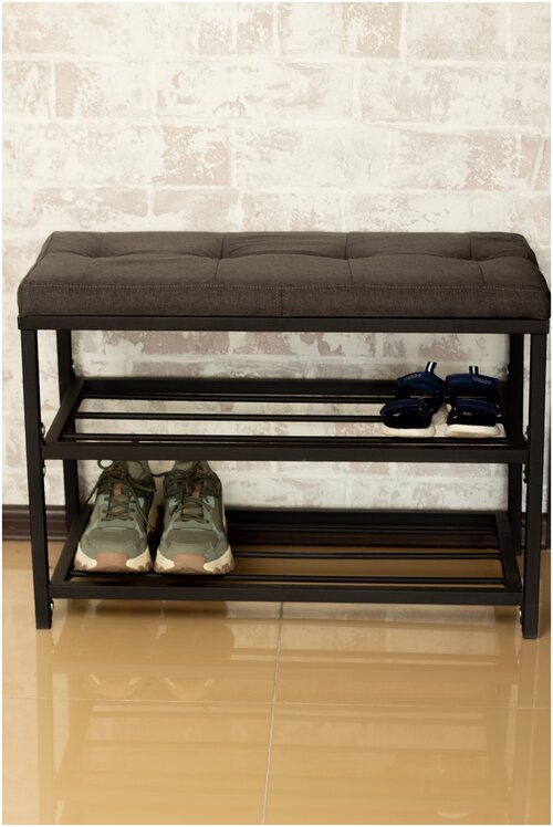 Обувница этажерка пуф банкетка Лофт с мягким сиденьем из ткани на ножках полками для обуви в прихожую