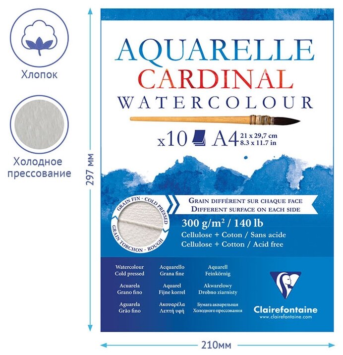 Альбом-склейка для акварели Clairefontaine "Cardinal" Torchon А4 10 л 300 г, 30% хлопок - фото №3