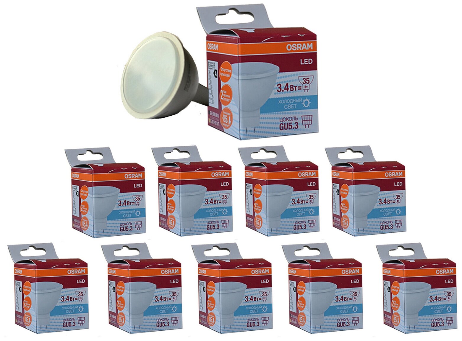 Лампочка светодиодная OSRAM Софит MR16 GU5.3 3,4Вт 220В 250Лм 4000К Дневной белый, упаковка 10шт