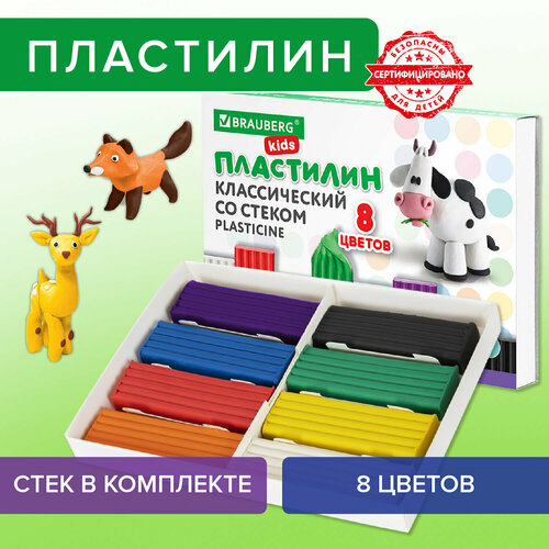 Упаковка 12 шт Пластилин классический BRAUBERG KIDS 8 цветов 160 г со стеком 106501 1368₽