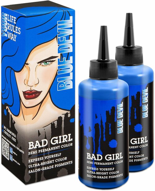 Оттеночный тоник бальзам для волос Bad Girl (пигмент прямого действия) Blue devil, синий, 2 флакона + перчатки