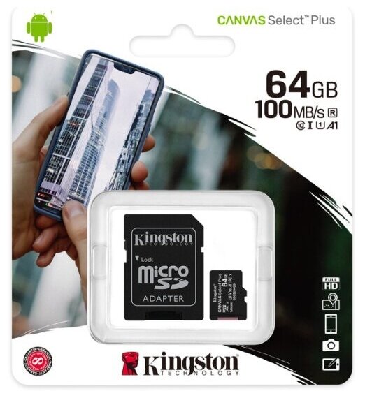 Карта памяти Kingston micro SDXC 64Gb Canvas Select Plus UHS-I U1 A1 + ADP (100/10 Mb/s)