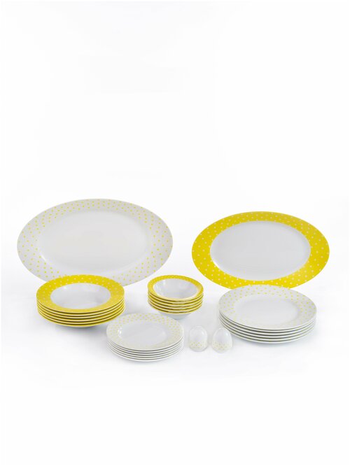 Сервиз столовый. Zarin Iran Porcelain Industries Co. Italia F, Spotty Yellow столовый набор 28 предметов.