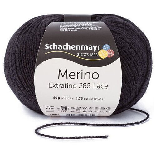 Пряжа для вязания Schachenmayr Merino Merino Extrafine 285 Lace, черный (00599), 285 м, 50 г