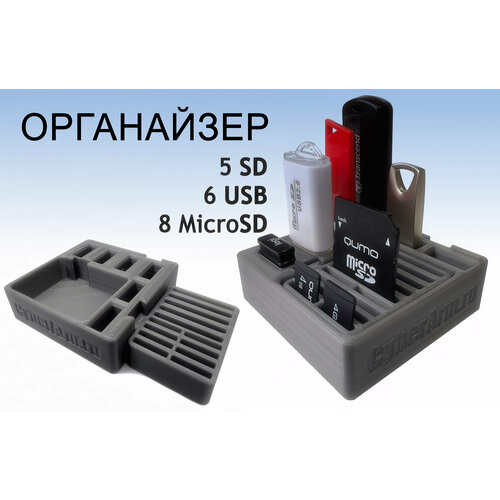 Органайзер для флеш-карт, USB, SD, microSD серый