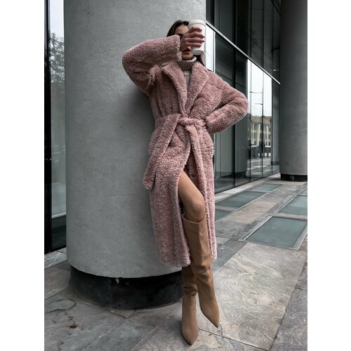 Шуба-чебурашка , удлиненная, оверсайз, пояс/ремень, размер 46, розовый