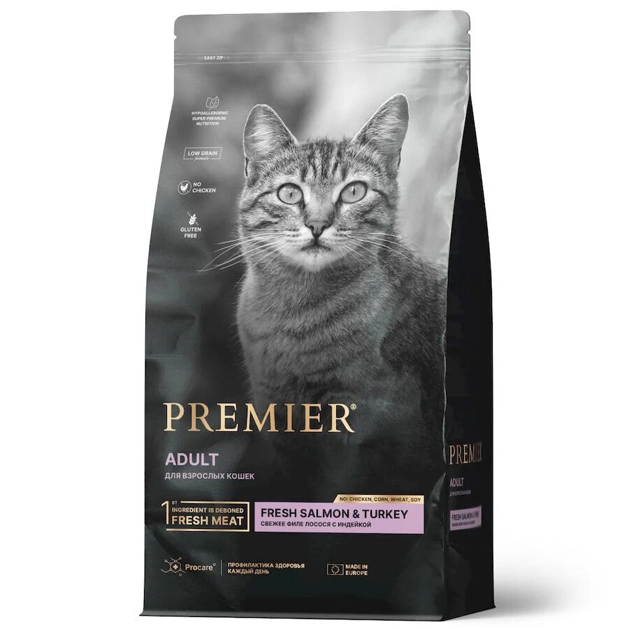Premier Cat Salmon Turkey Adult сухой корм для взрослых кошек, свежее филе лосося с индейкой 2 кг