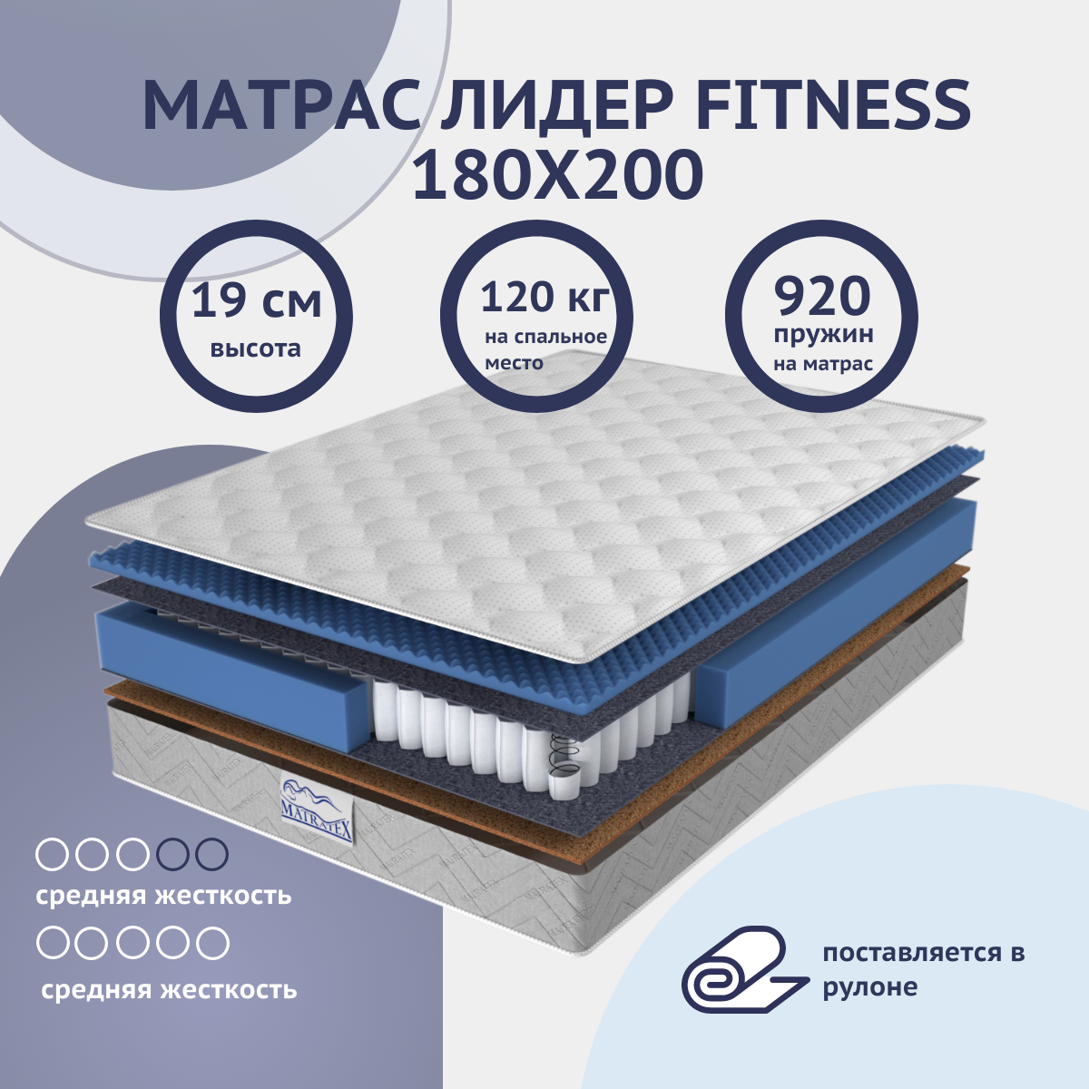 Матрас 180х200 лидер FITNESS MATRATEX, двусторонний, двуспальный, с разной степенью жесткости, с массажным эффектом, независимые пружины