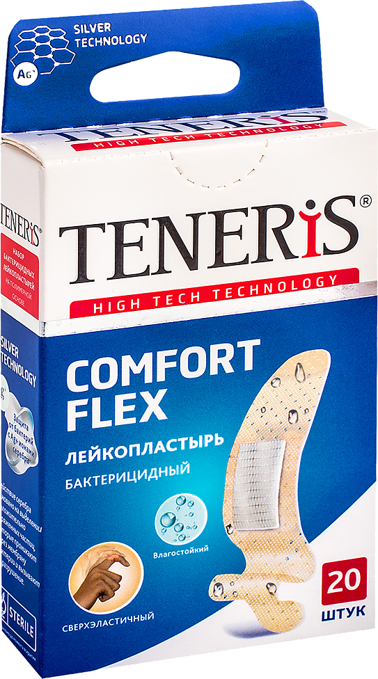 Лейкопластырь Teneris Comfort Flex бактерицидный с ионами серебра на полимерной основе 20 шт