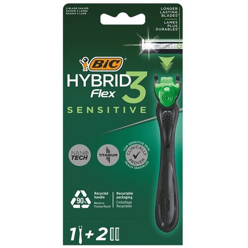 Бритва мужская BIC Flex 3 Hybrid Sensitive, 1 ручка и 2 сменные кассеты