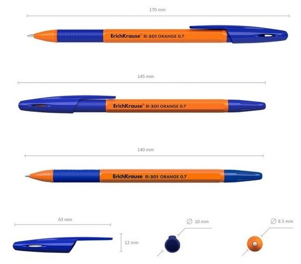 Набор ручек шариковых 8 шт. ErichKrause R-301 Orange Stick&Grip, узел 0.7 мм, чернила синие 9521483