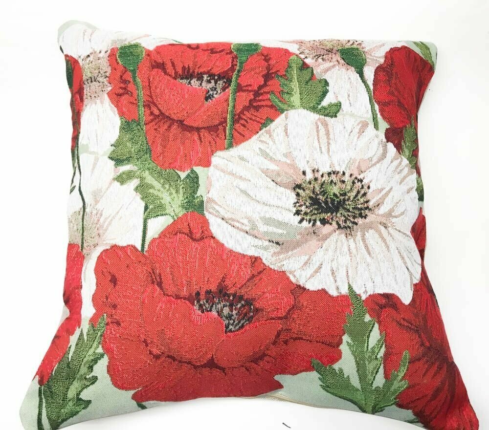 Декоративная подушка из гобелена 50х50 (+-3см) на молнии, с рисунком Цветы Маки красные и белые