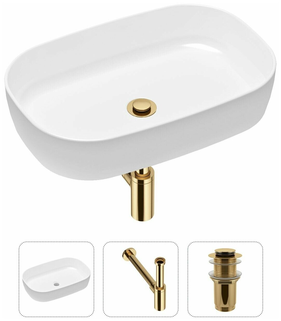 Накладная раковина в ванную Lavinia Boho Bathroom Sink Slim 21520063 в комплекте 3 в 1: умывальник белый, донный клапан и сифон в цвете золото