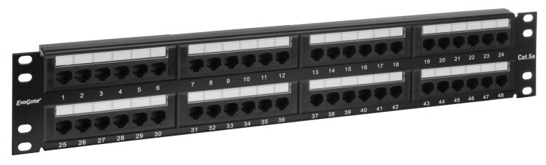 Патч-панель Exegate EX256753RUS (19", UTP, 48 port, cat.5e, KRONE&110(dual IDC), 2U, RoHS, Black, RTL) - фото №1