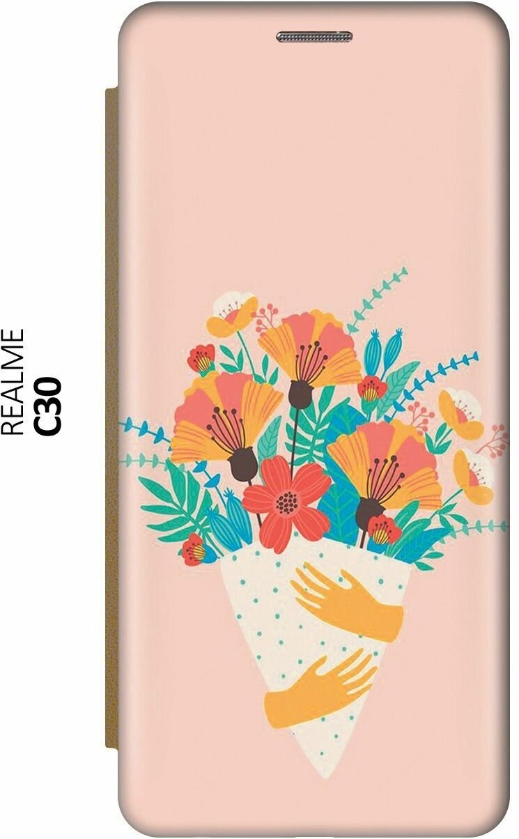Чехол-книжка на realme C30, Рилми С30 c принтом "Букет на розовом" золотистый