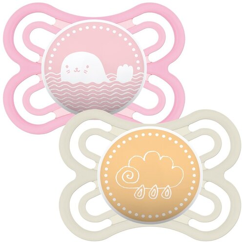 Пустышка MAM Perfect силиконовая (2 шт.) и контейнер для стерилизации, хранения и переноски, розовая и бежевая, 0-6 мес.