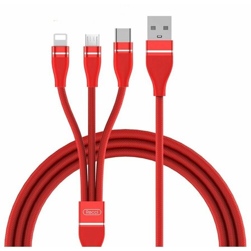 Кабель для зарядки телефона Recci RTC-T02 Tube USB to Type-C+Lightning+Micro-USB, 1.2 метра, 3А - Красный