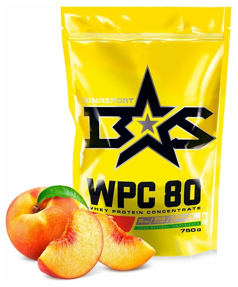 Протеин сывороточный Binasport WPC 80 "ВиПиСи 80" 750 г со вкусом персика