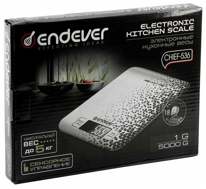 536-Chief Электронные кухонные весы Endever От 2 г до 5 кг, цвет стальной с рисунком. - фото №15