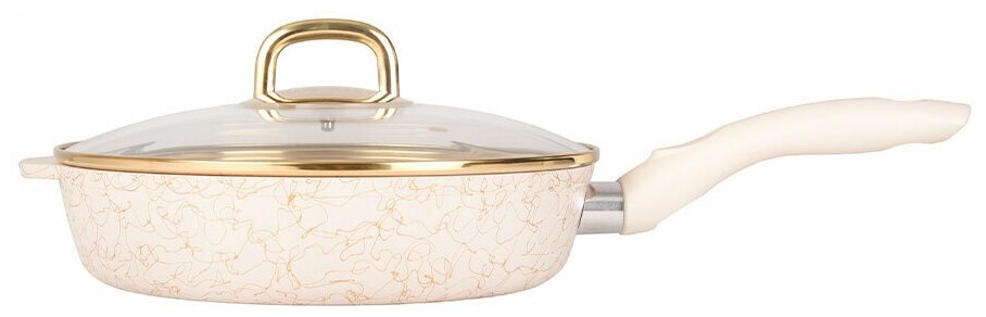 фото Сковорода 220мм глуб. с руч. стекл. крыш. АП"Грация" (белый/золото) - сгбз221а / Белая сковорода литой алюминий антипригарное покрытие