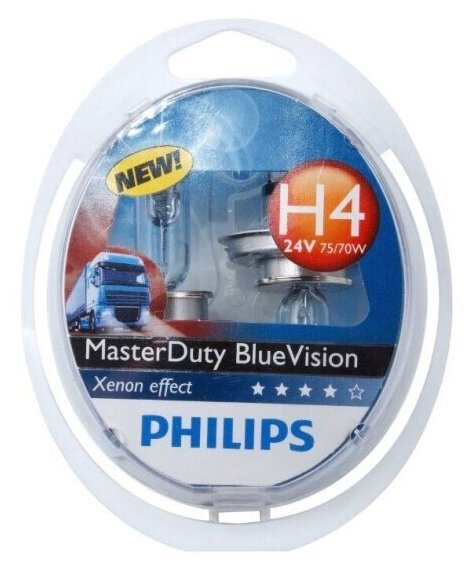 Лампа автомобильная Philips MasterDuty H4 (75/70) P43t-38 BlueVision (2шт) 24V, 13342MDBVS2