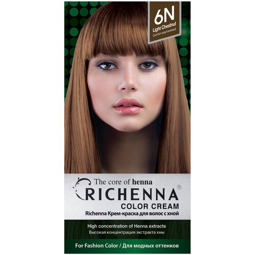 Richenna Крем-краска для волос с хной, 6N light chestnut, 120 мл